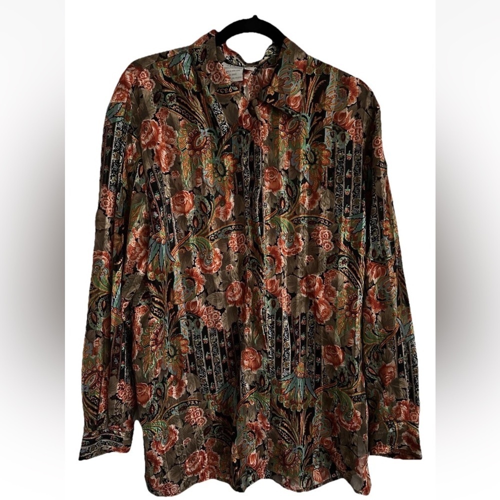 Tess Vintage 90s Blouse Gaudy Glam Quiet Luxury Old Money Size L Dark Floral